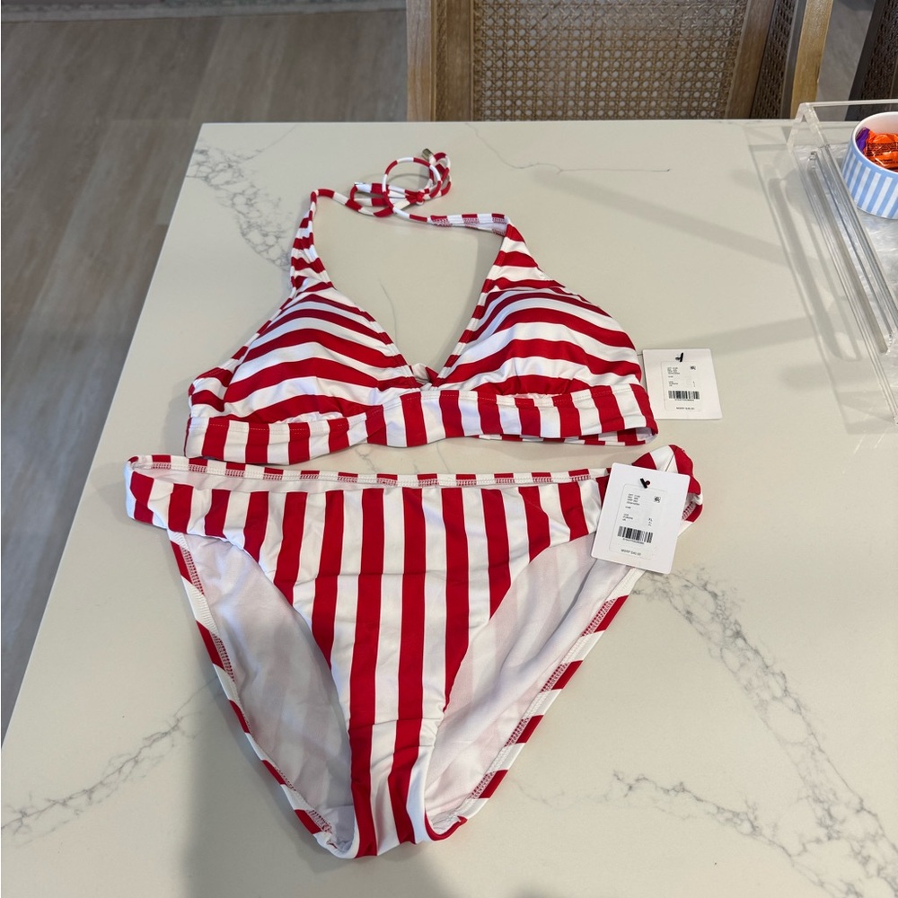 Red and White Striped Women's Bikini top